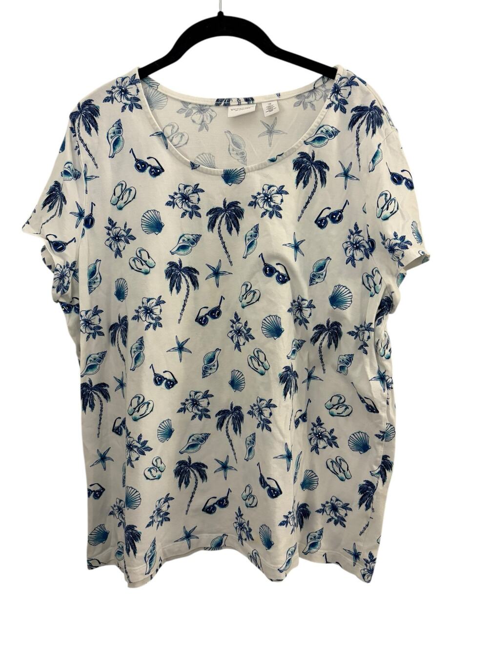 Weekend by Chicos Beachy White Blue T-Shirt Cotton Modal Soft Sea Shells Beachy